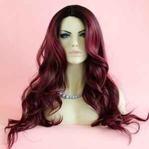30" Burgundy Monofilament Wig w/ Side-Part Wavy